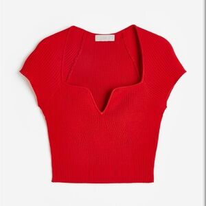 H&M Red Ribbed Notch-Neck Crop Top M